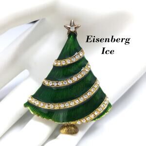 Eisenberg Ice Christmas Tree Brooch, Green Enamel, Gold Plate, 1960s Vintage